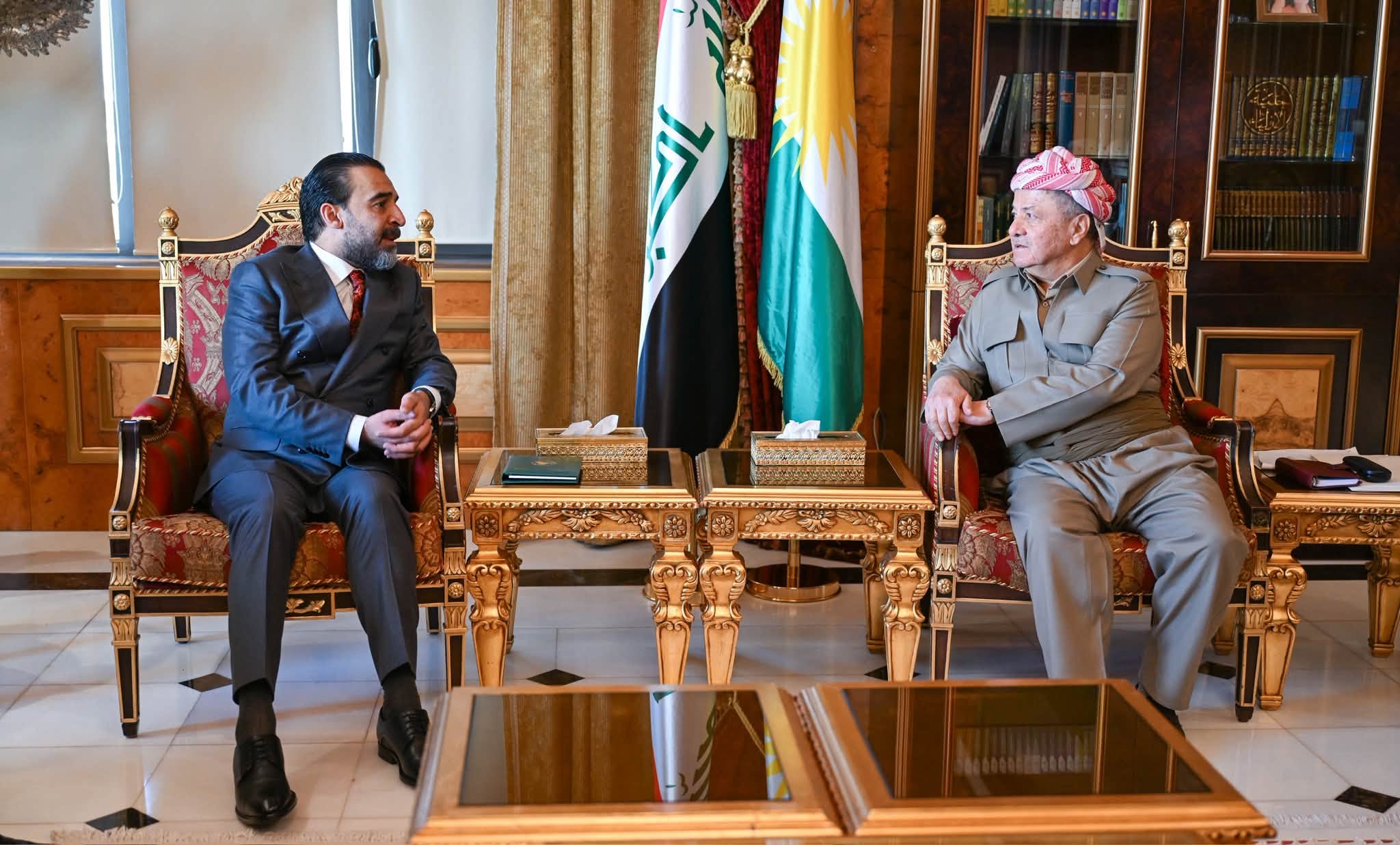 Kurdistan Democratic Party (KDP) President Masoud Barzani received Taqaddum Party leader and former Parliament Speaker Mohamed al-Halbousi in Erbil on July 30, 2026. Photo: Barzani Headquarters / Taqaddum Party leader Media Office


