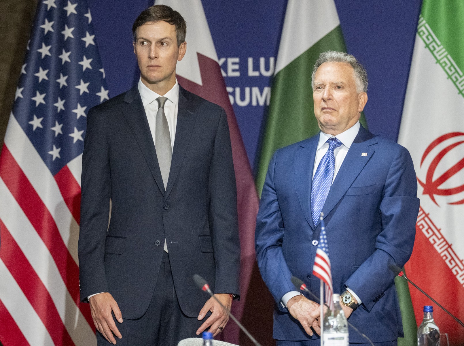 Us President's son-in-law Jared Kushner (L) and US President's special envoy Steve Witkoff stand prior to a quadrilateral meeting between the United States, Iran, Pakistan and Qatar at the Burgenstock luxury hotel complex overlooking Lake Lucerne, Switzerland, on June 21, 2026, as part of high-level talks aimed at advancing a deal to end the Middle East conflict. A new round of negotiations over the Middle East war was set to kick off on June 21, 2026 with Iranian negotiators arriving in the Swiss host city hours ahead of US Vice President JD Vance, even as Tehran said it was closing the Strait of Hormuz again over Israeli attacks in Lebanon. (Photo by URS FLUEELER / POOL / AFP)