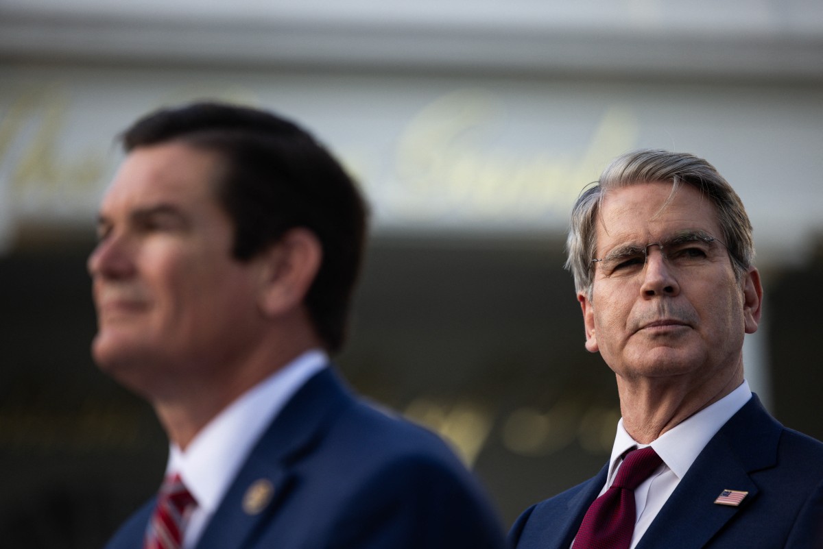 WASHINGTON, DC - JUNE 25: US Secretary of Treasury Scott Bessent (R), and US Representative (R-GA) Austin Scott listen to US President Donald Trump during a Rose Garden Club dinner at the White House on June 25, 2026 in Washington, DC. Trump hosted US farmers from Iowa in the newly renovated Rose Garden.   Tierney L. Cross/Getty Images/AFP (Photo by Tierney L. Cross / GETTY IMAGES NORTH AMERICA / Getty Images via AFP)