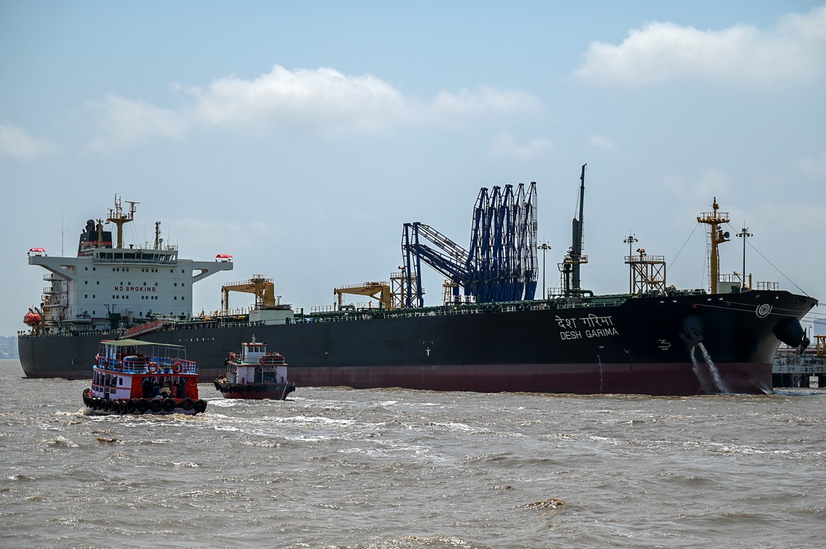 Desh Garima, an Indian-flagged tanker carrying crude oil that transited through the Strait of Hormuz, is seen docked at an offloading terminal along the coast in Mumbai on April 30, 2026.
