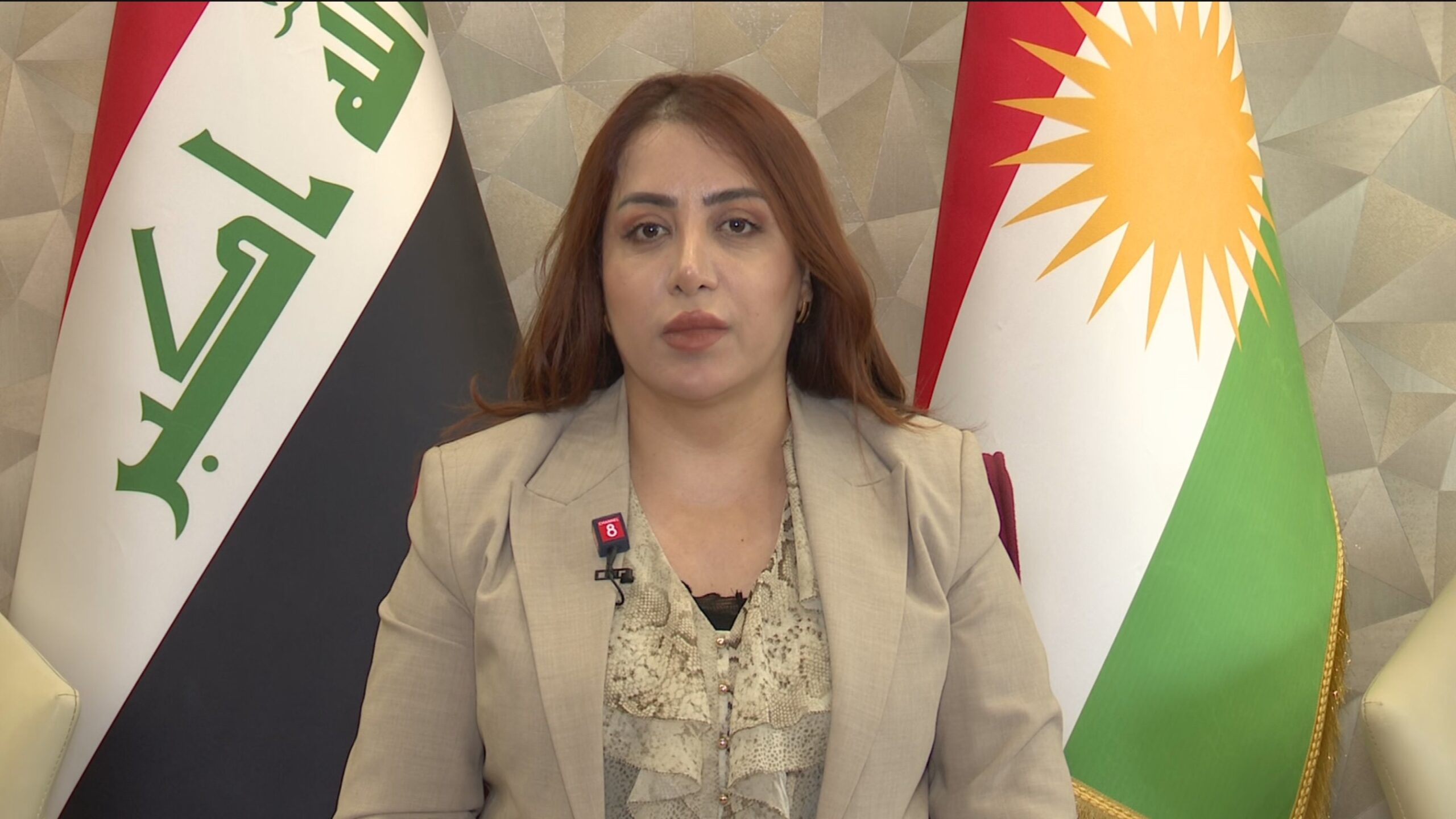 Dilan Ghafoor, an Iraqi lawmaker and spokeswoman for the Patriotic Union of Kurdistan (PUK) bloc in parliament, speaks to Channel 8 in an interview on July 12, 2026. Photo: Channel8 

