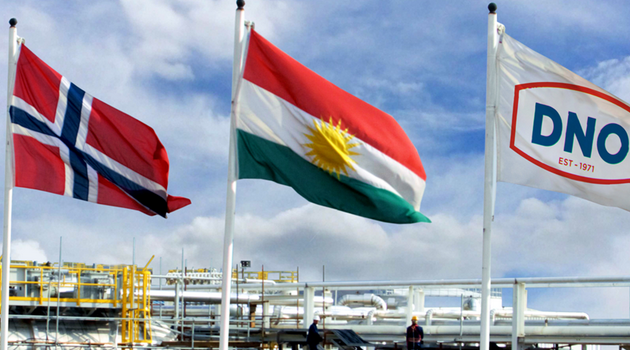 The flag of Norway (left), the flag of the Kurdistan Region (center), and the corporate flag of Norwegian oil operator DNO

