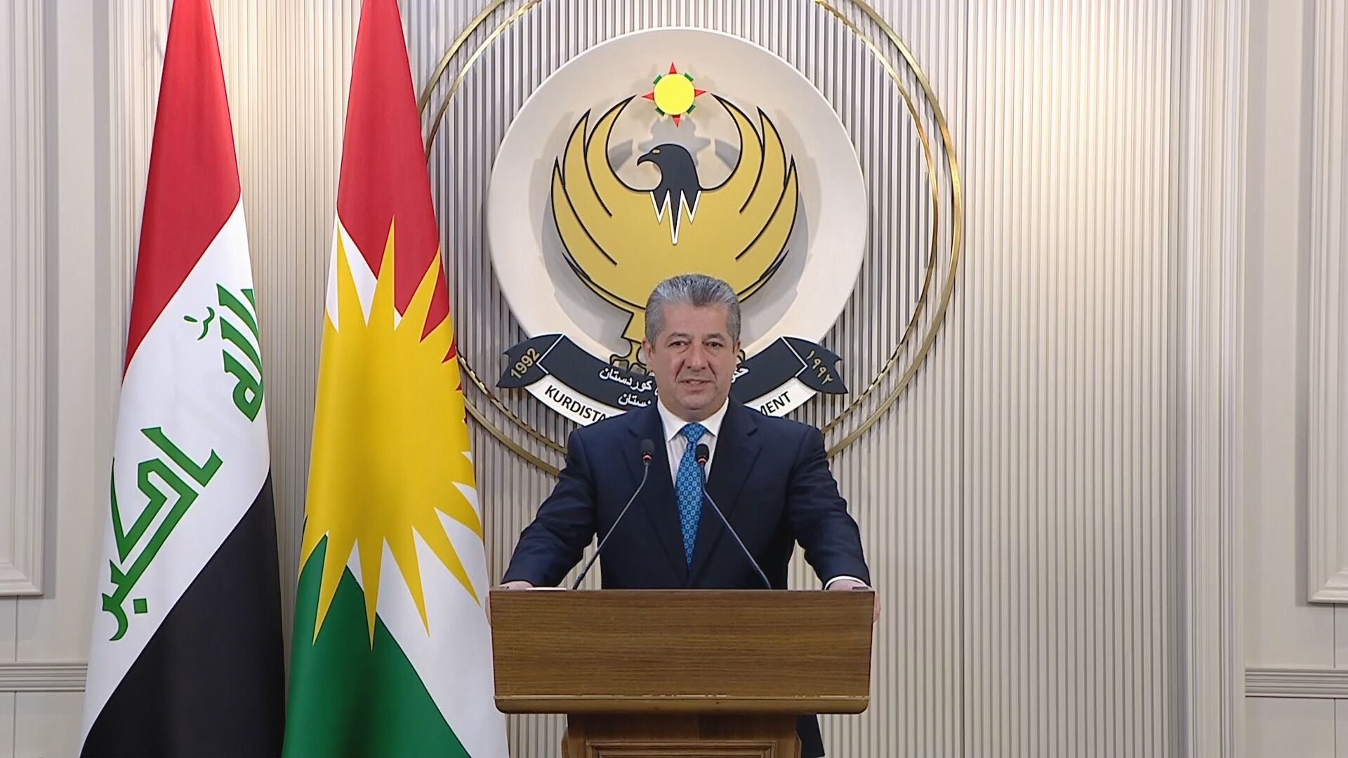 Masrour Barzani, Prime Minister of the caretaker Kurdistan Regional Government (KRG), spoke during a press conference on July 27, 2026
