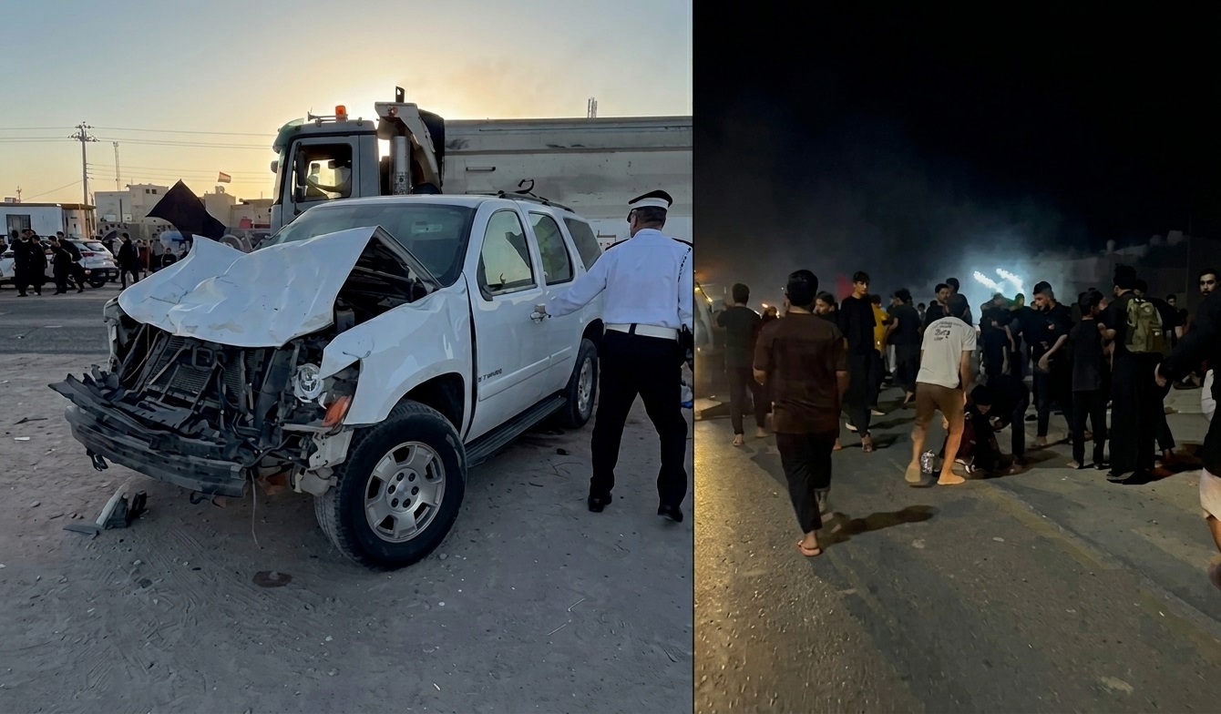 Site photos of the devastating traffic accident in Basra Governorate that killed 10 Iranian pilgrims and injured 12 others