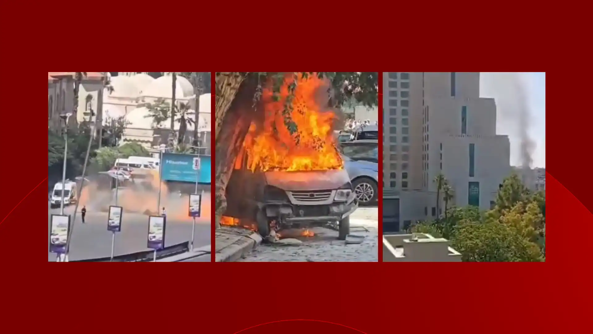 A composite image shows the immediate aftermath of explosions that detonated near a hotel hosting French President Emmanuel Macron during a historic state visit in the Syrian capital.