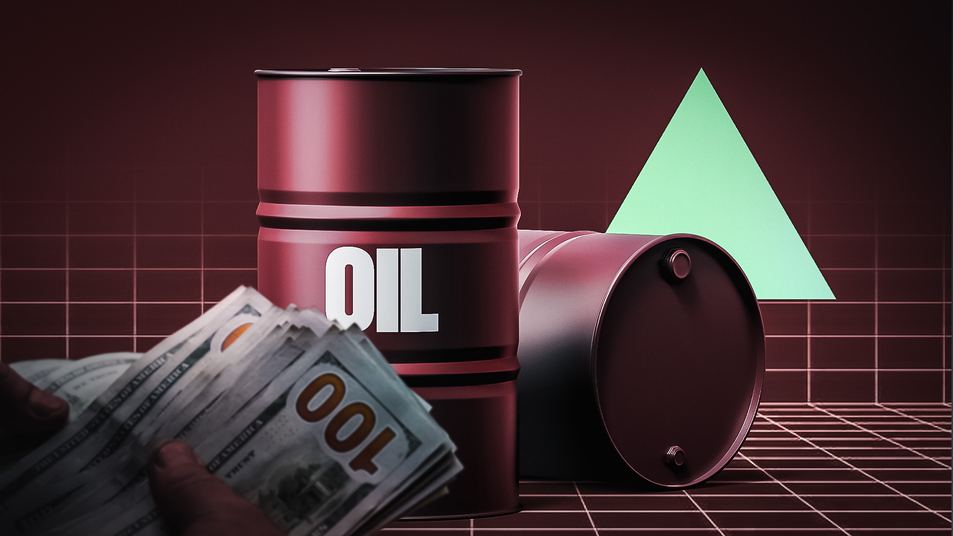 Graphic showing Oil barrels behind a roll of U.S. dollars