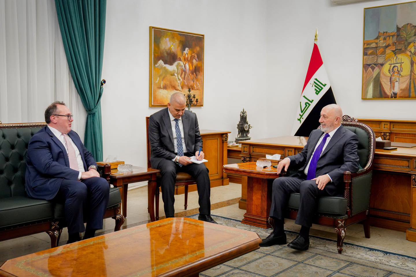 Iraqi President Nizar Amedi meets with U.S. Chargé d'Affaires Joshua Harris in Baghdad to discuss expanding bilateral relations, regional de-escalation, and economic stability.