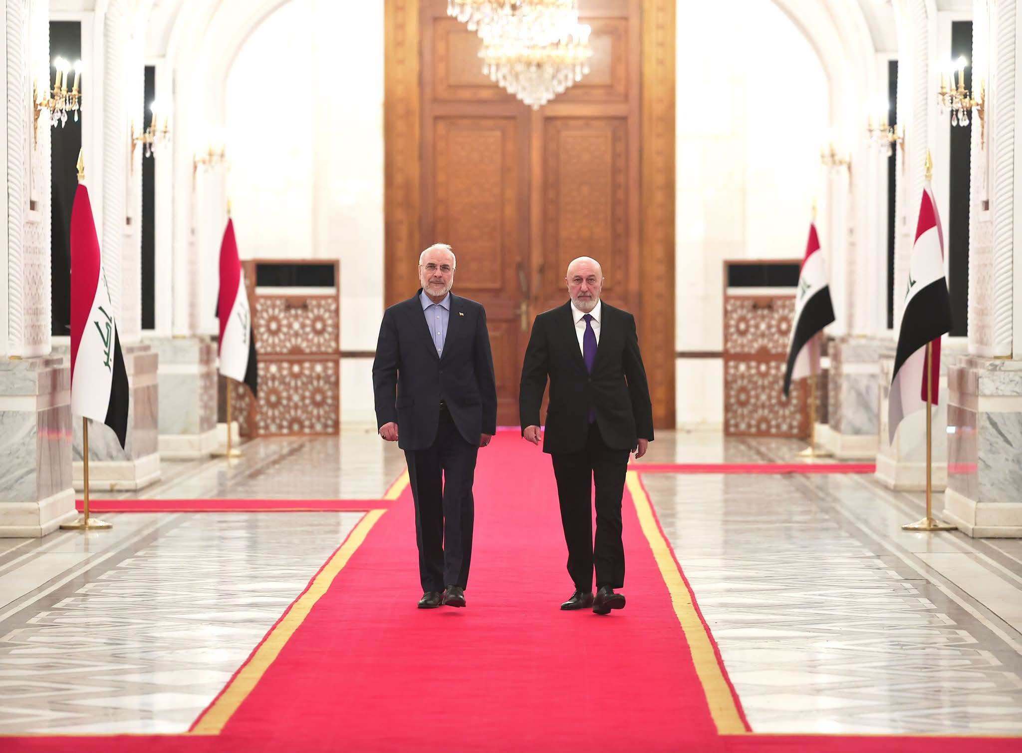 Iraqi President Nizar Amedi received Iranian Parliament Speaker Mohammad Bagher Ghalibaf and his accompanying delegation at Baghdad Palace