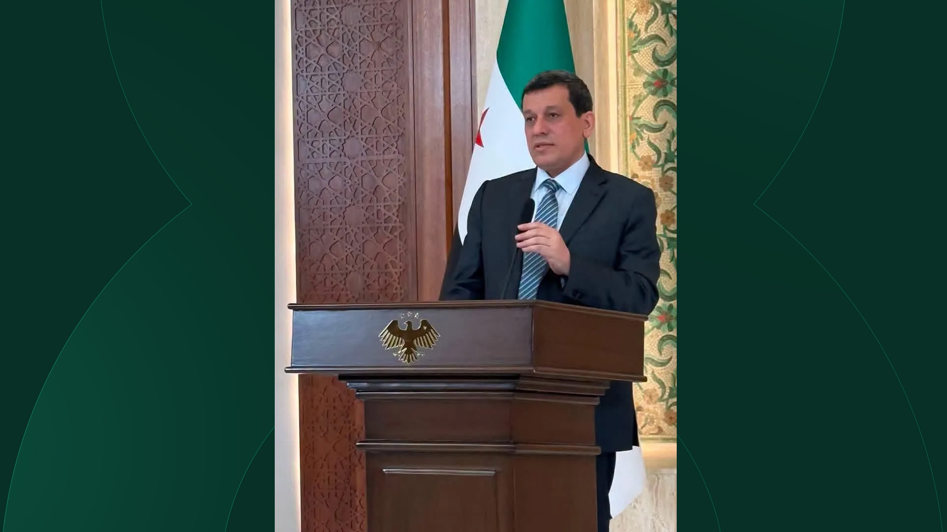 Mazloum Abdi during a speech in which he announced the official integration of SDF into the Syrian Army