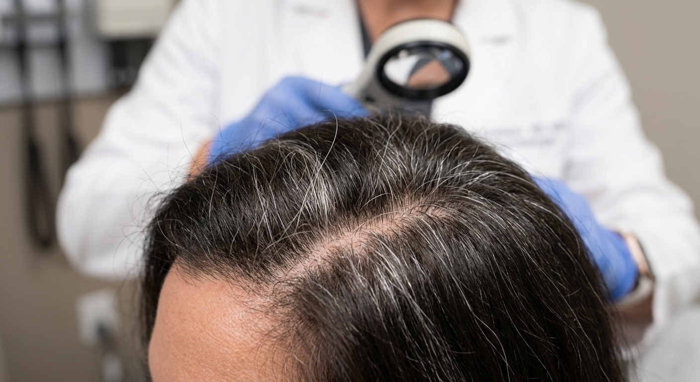 A dermatologist uses a hand-held magnifying lens to examine a patient’s hair roots and scalp during a routine hair health assessment.