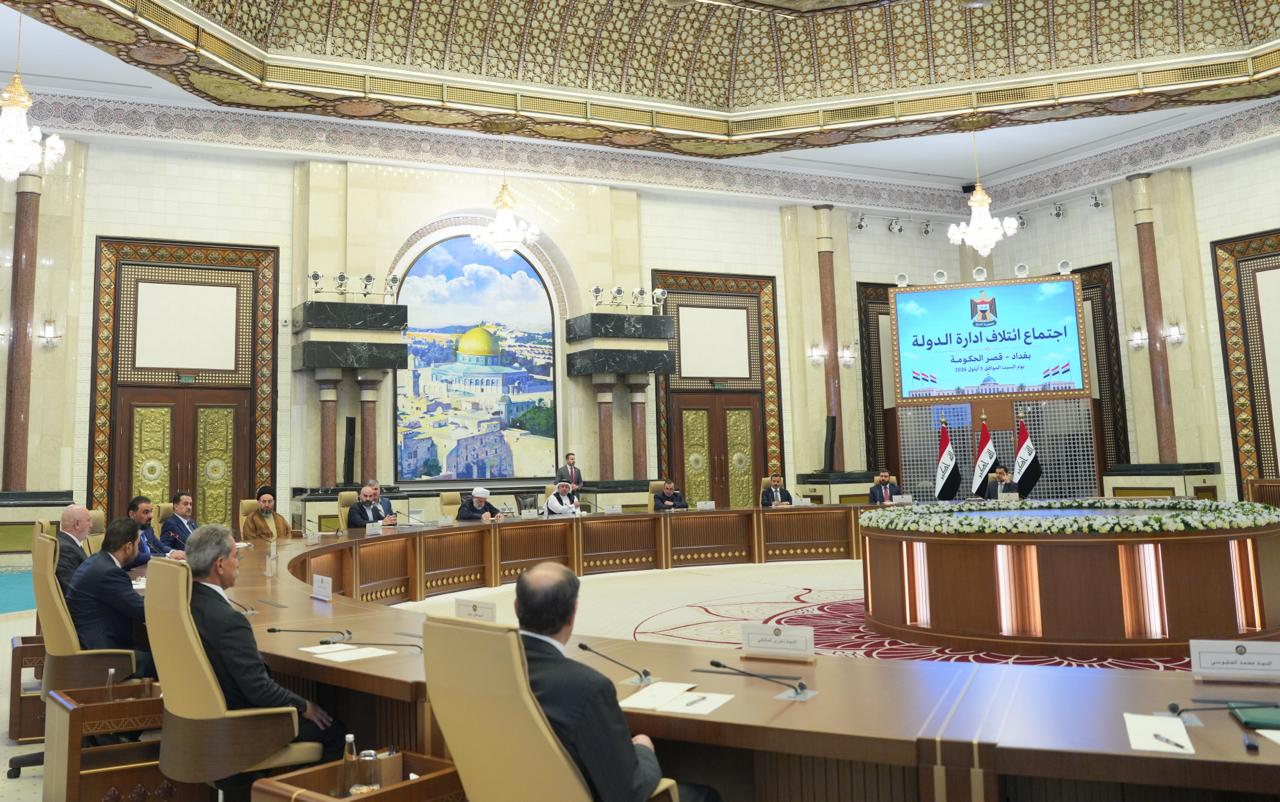 Leaders of the ruling State Administration Coalition, alongside PUK President Bafel Jalal Talabani, convene inside the Republican Palace in Baghdad to establish a unified strategy aimed at protecting Iraq's banking sector from U.S. sanctions.
