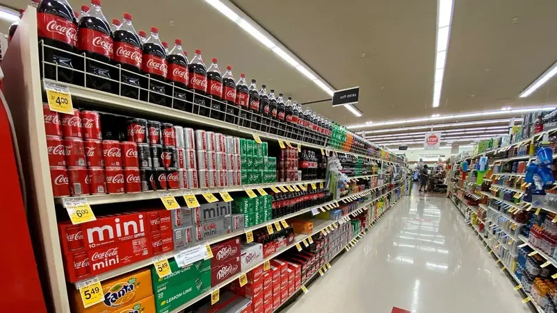 Sodas on shelves at a Vons grocery store in Pasadena, California, US, on June 10, 2020. 