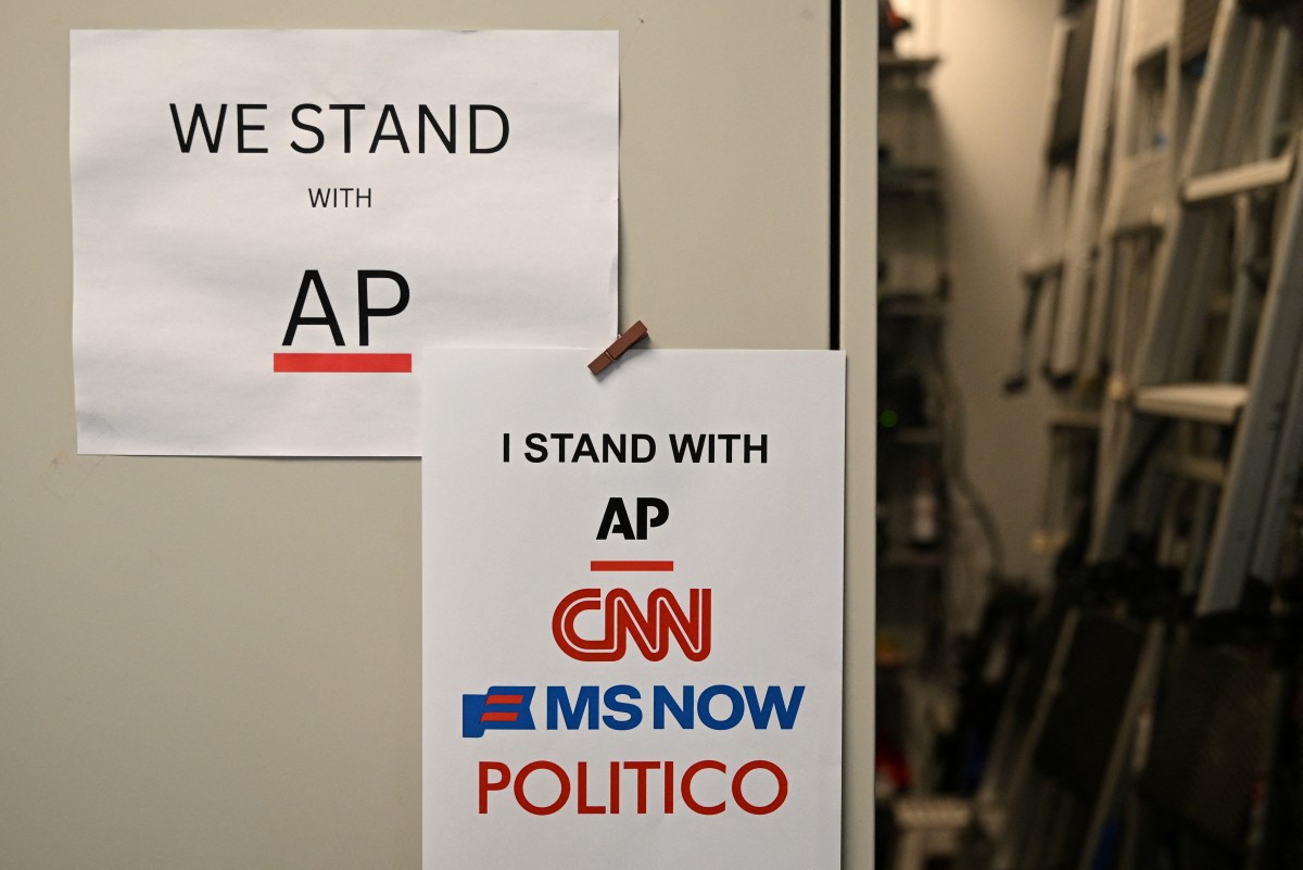 Flyers hang in the White House briefing room in Washington, DC, on September 21, 2026.
