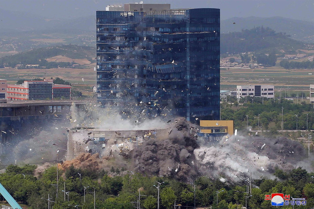 This photo provided by the North Korean government shows the demolition of an inter-Korean liaison office building in Kaesong, North Korea on June 16, 2020. Independent journalists were not given access to cover the event depicted in this image distributed by the North Korean government. The content of this image is as provided and cannot be independently verified. Korean language watermark on image as provided by source reads: "KCNA" which is the abbreviation for Korean Central News Agency. (Korean Central News Agency/Korea News Service via AP, File)