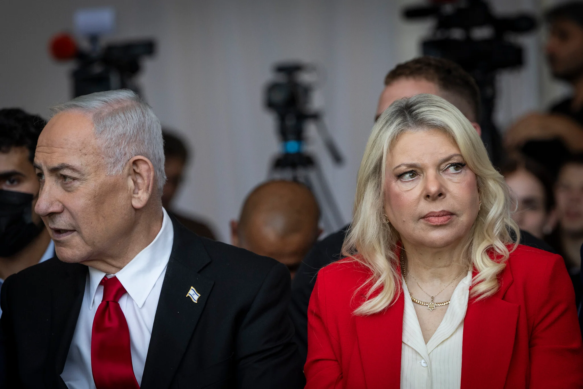 Prime Minister Benjamin Netanyahu and his wife, Sara Netanyahu, attend a cornerstone-laying ceremony for the Atarot Heritage Center in Jerusalem, July 5, 2026. (Chaim Goldberg/Flash90)
