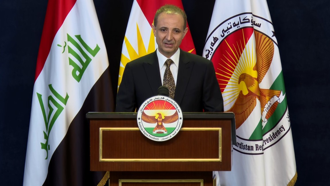 Dilshad Shahab, the spokesperson for the Kurdistan Region Presidency, speaking during a press conference in Erbil on September 21, 2026. Photo: Channel8

