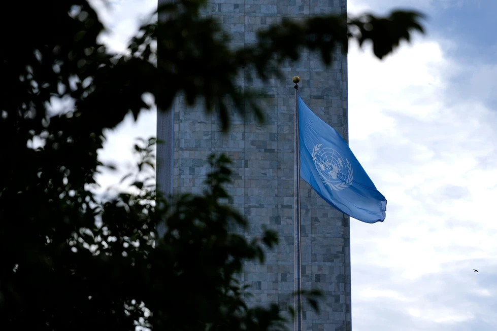 The flag of the United Nations flies during the United Nations General Assembly (UNGA) at the UN headquarters, Monday, Sept. 21, 2026. (Justin Tang/The Canadian Press via AP)