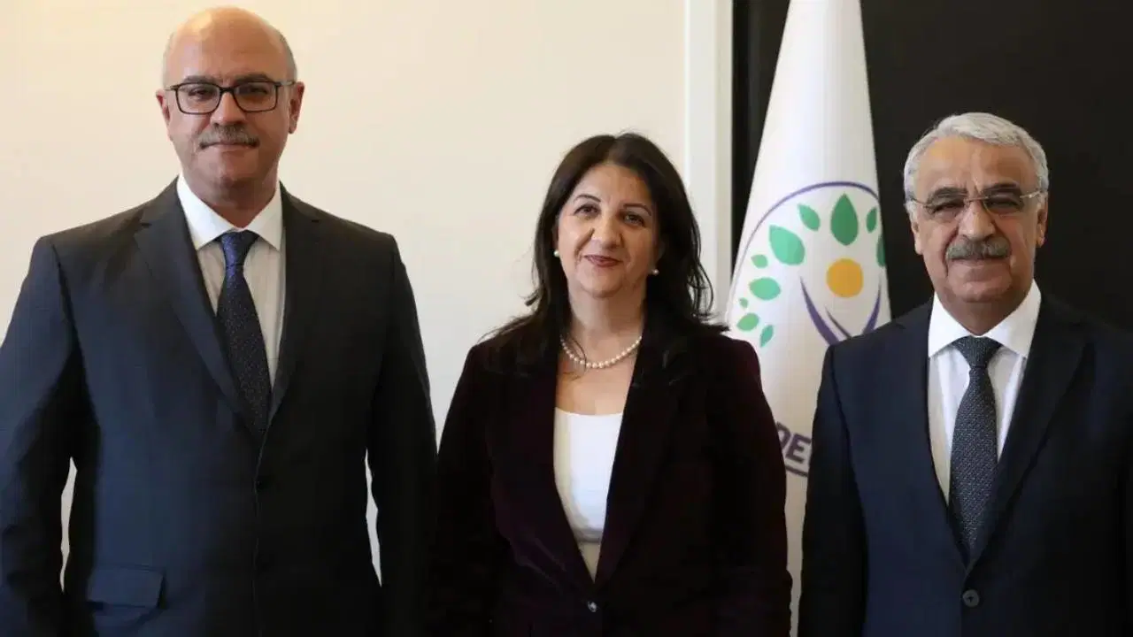 DEM Party Imrali Delegation members Ozgur Faik Erol, Pervin Buldan, and Mithat Sancar

