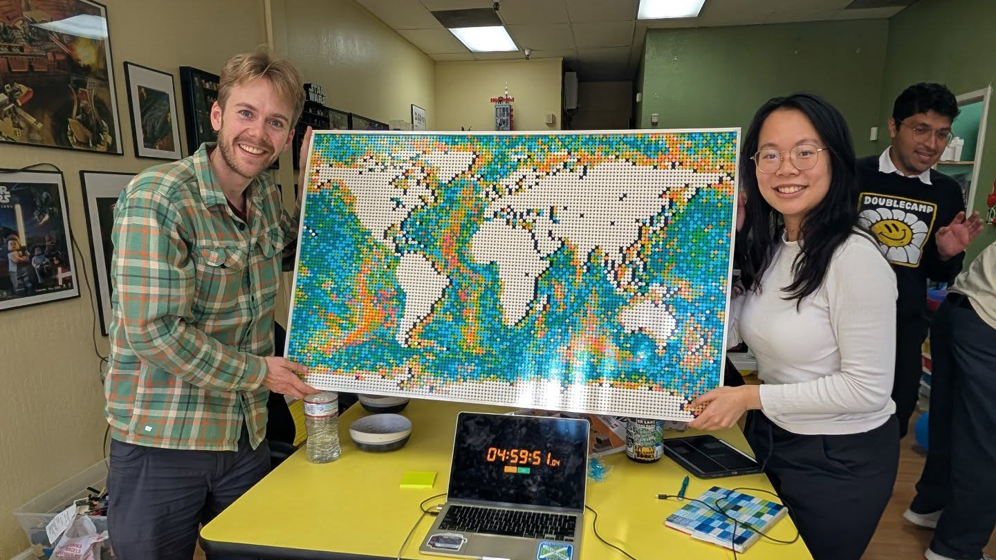 Two California friends have set a Guinness World Record after completing a massive Lego World Map in less than five hours.