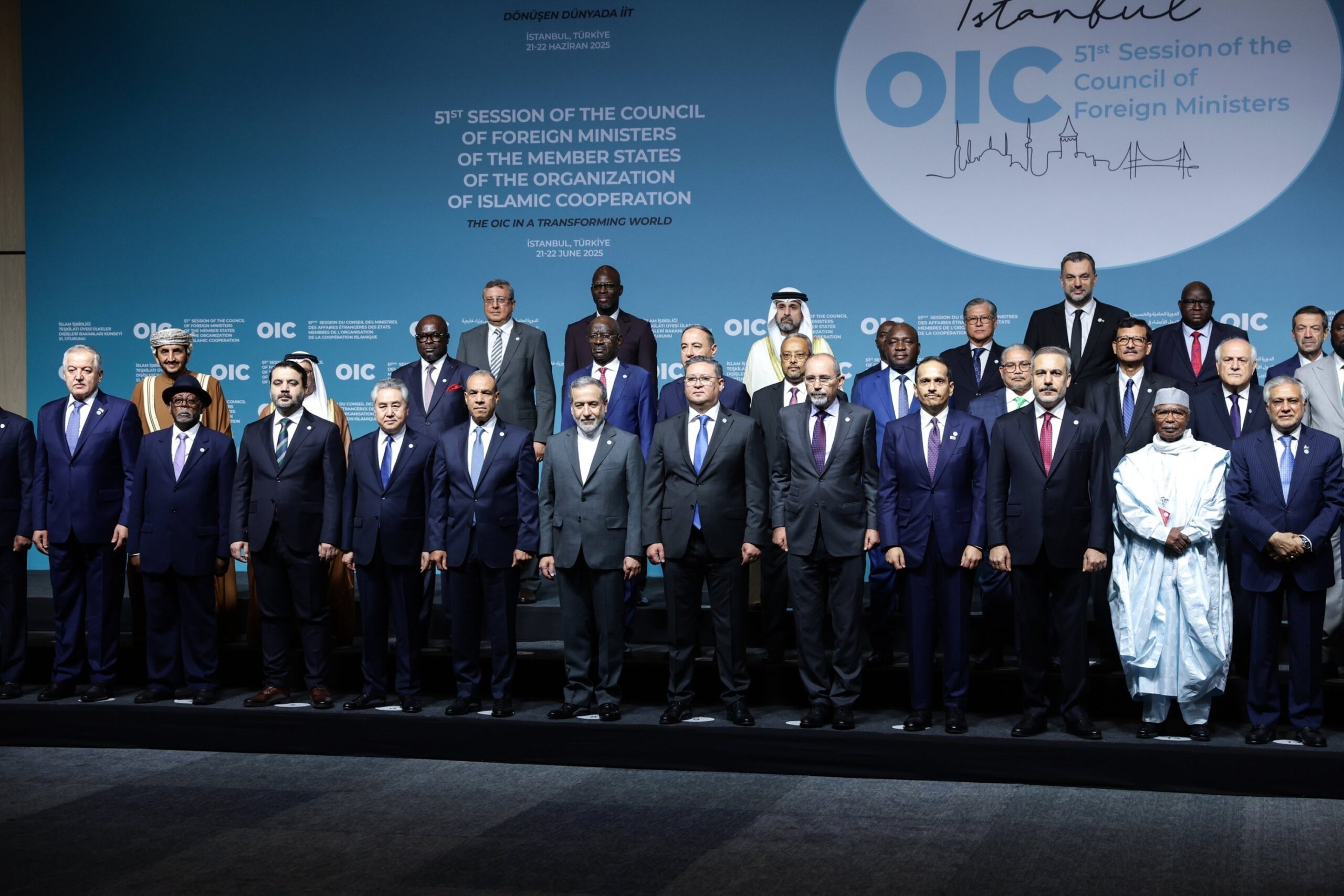 Participants pose for a family photo during the 51st session of the Council of Foreign Ministers of the Organisation of Islamic Cooperation (OIC), Istanbul, Turkey, June 21, 2025. (EPA Photo)