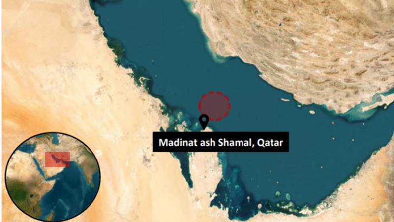 A view of the Arabian Gulf, highlighting the location of Madinat ash Shamal in Qatar. (@UK_MTO/X)