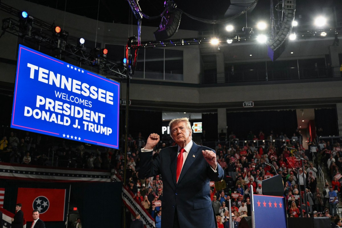 US President Donald Trump dances after concluding his remarks during a campaign rally at F&amp;M Bank Arena in Clarksville, Tennessee on October 10, 2026. Trump is campaigning for Republican candidates ahead of the November 3 midterm election. (Photo by Mandel NGAN / AFP)