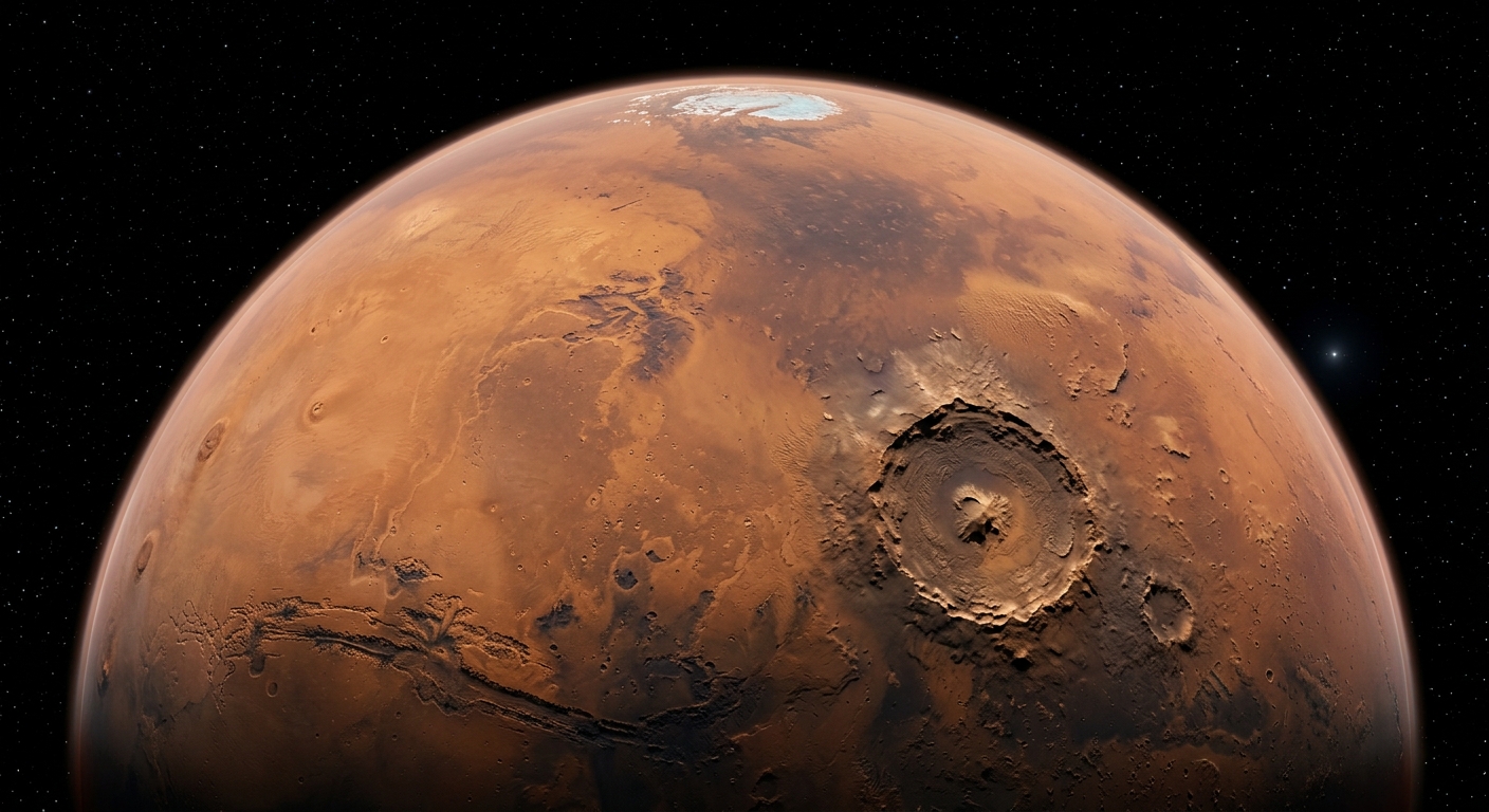 This stunning perspective showcases the planet’s diverse terrain, from the rugged Valles Marineris canyon system and massive impact craters, like Gale and Jezero, to the reflective expanse of the northern polar ice cap, all framed against the deep black of space. [Image: AI-Generated]