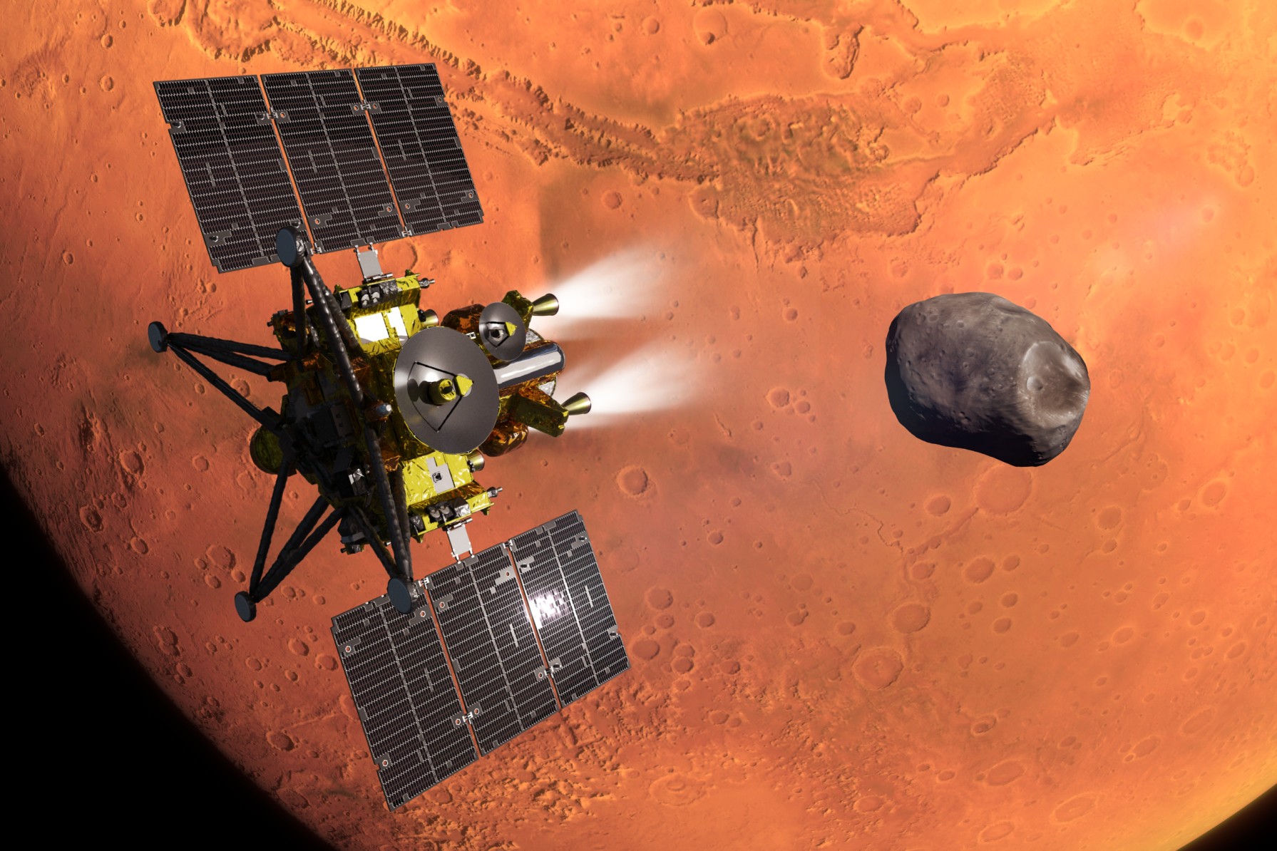 The MMX spacecraft fires its thrusters during Mars orbit insertion in this artist’s rendering. Launching Oct. 19, the mission is headed to Phobos, one of Mars’ two moons, to survey it and return a small sample of its regolith. Credit: JAXA
