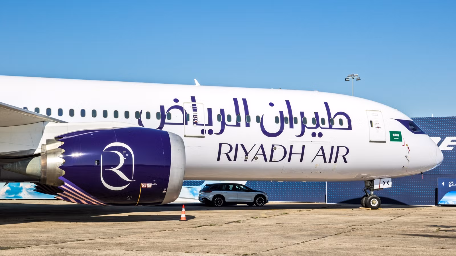 A close-up view of a Riyadh Air Boeing 787-9 Dreamliner 


