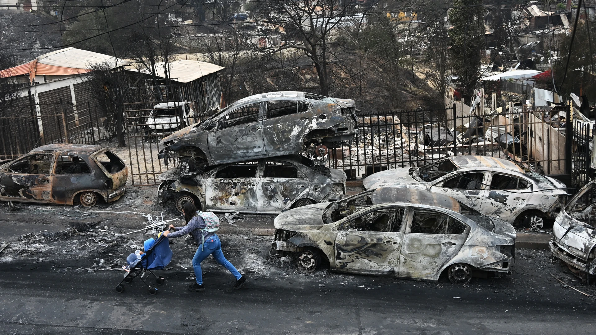 سووتانی ئۆتۆمبێل و خانوو لە ئاگرەکەی چیلی، فۆتۆ: AFP