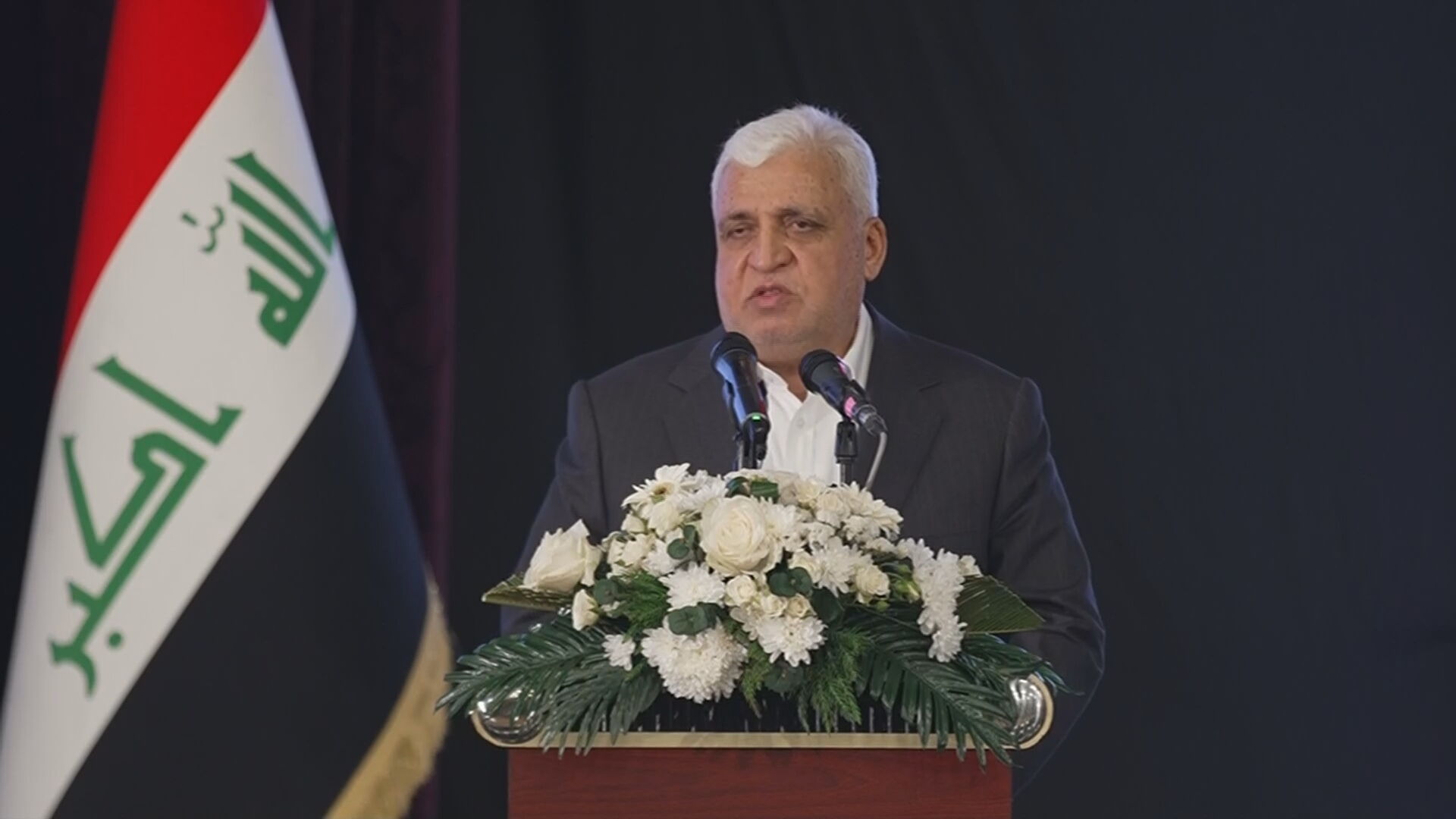 فالح فەیاز، سەرۆکی دەستەی حەشدی شەعبی لە ڕێوڕەسمی ساڵیادی دامەزراندنی حەشدی شەعبی لە بەغداد