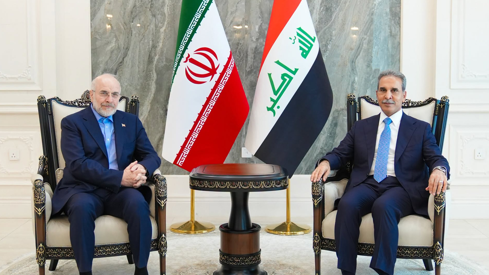 محەمەد باقر قالیباف، سەرۆکی پەرلەمانی ئێران و فایەق زێدان، سەرۆکی ئەنجوومەنی باڵای دادوەریی عێراق