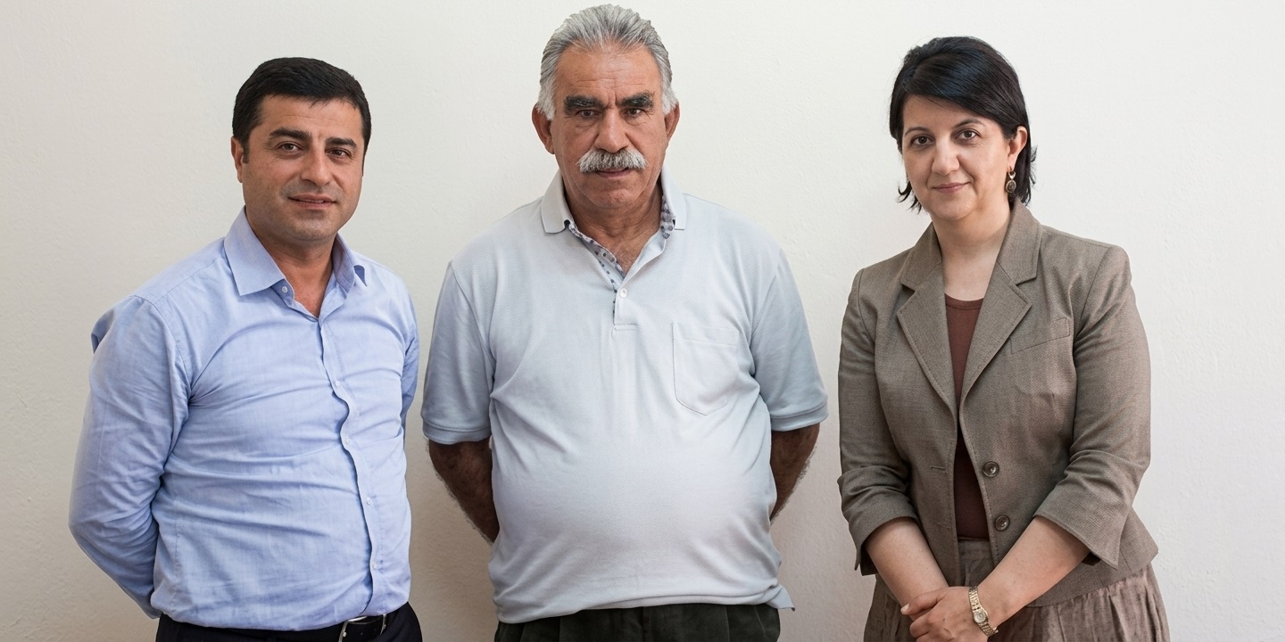 پەروین بوڵدان، هاوسەرۆکى پارتى دەم و عەبدوڵا ئۆجەلان، سەرۆکى زیندانیکراوى پەکەکە و سەڵاحەددین دەمیرتاش، هاوسەرۆکى پێشووى پارتى دەم کە ئێستا لە زیندانە

وێنە: ئەرشیف