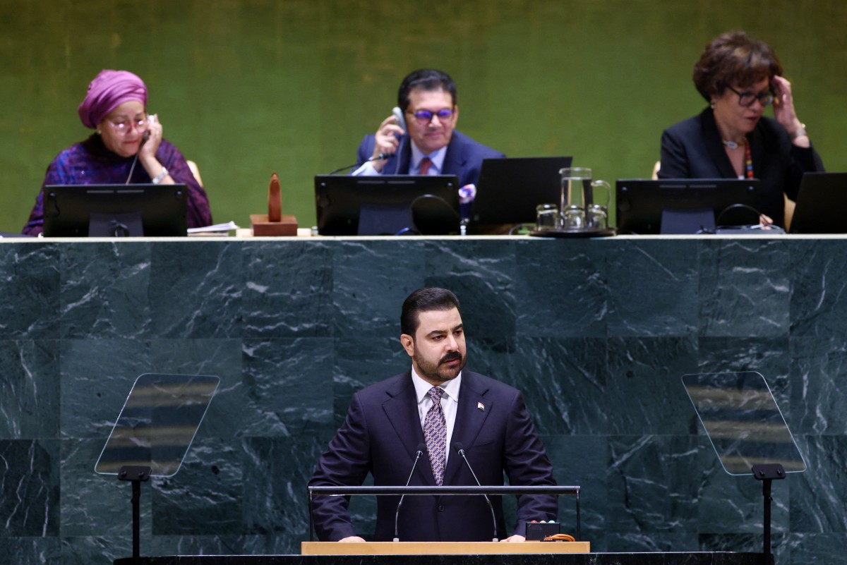 عەلی زەیدی، سەرۆکوەوزیرانی عێراق لە کاتی پێشکەشکردنی وتارەکەی لە کۆمەڵەی گشتیی نەتەوەیەکگرتووەکان لە نیویۆرک. فۆتۆ: AFP