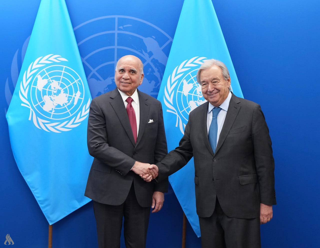 فوئاد حسێن، وەزیری دەرەوەی عێراق، لە شاری نیویۆرک لەگەڵ ئەنتۆنیۆ گۆتێرێس، ئەمینداری گشتیی ڕێکخراوی نەتەوەیەکگرتووەکان کۆبووەوە