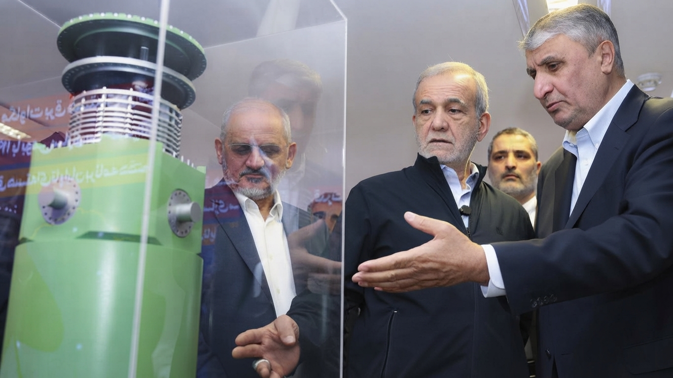 محەممەد ئیسلامى، سەرۆکى ئاژانسى ووزەى ئێران لەگەڵ مەسعود پزیشکیان، سەرۆکى وڵاتەکەى لە یەکێک لە وێستگە ئەتۆمییەکان پێکەوەن